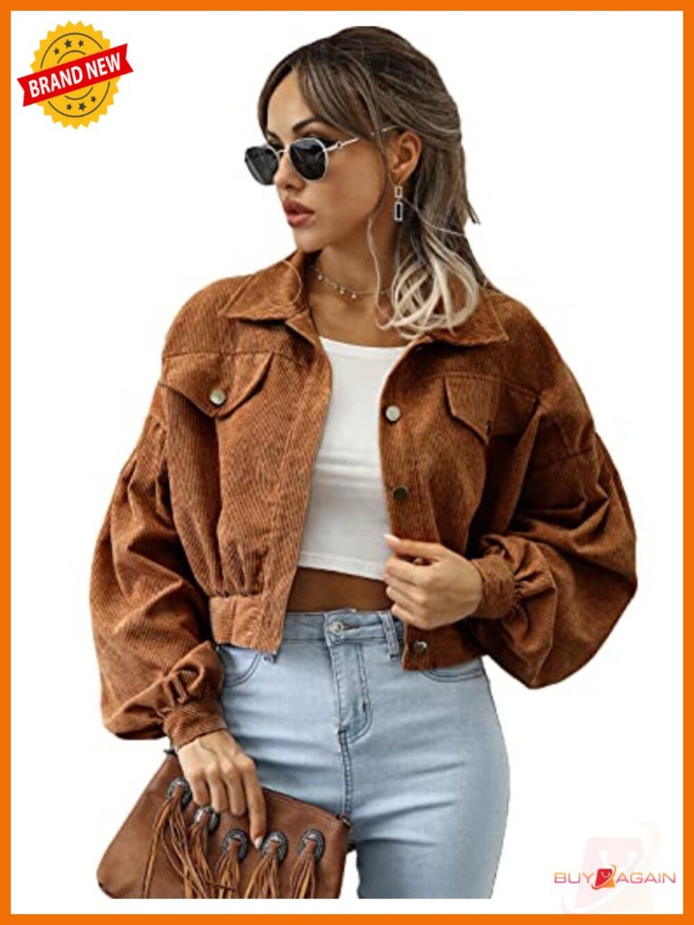Corduroy Cropped Jacket Loose Button Down Puff Sleeve Shacket